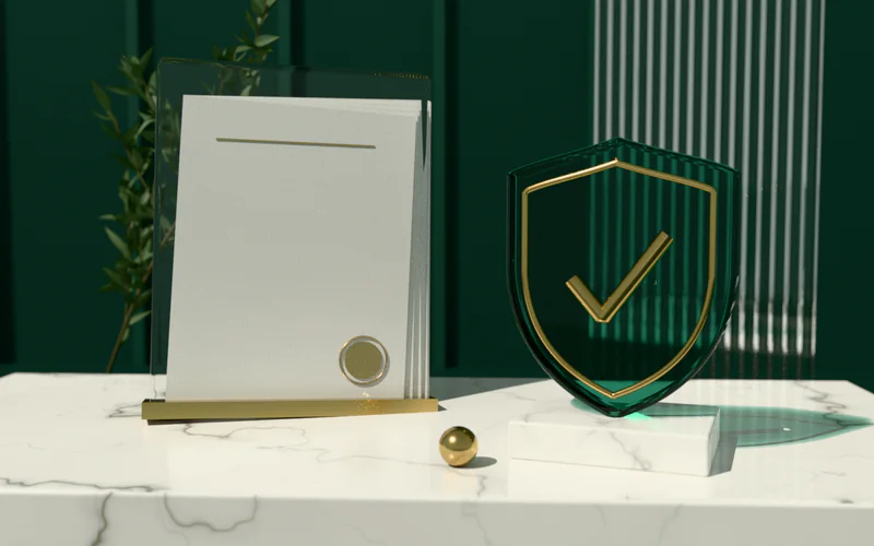 Green glass shield with a gold check mark beside documents in a glass holder on marble