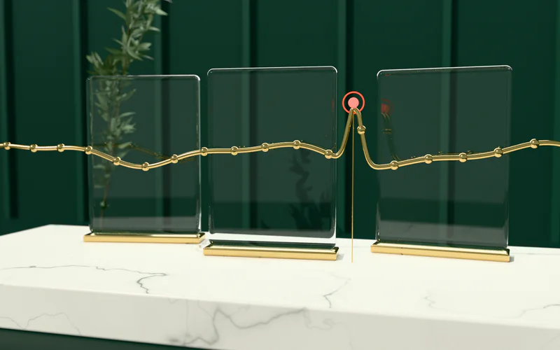 A gold signal line passing through glass panels, with one small highlighted anomaly