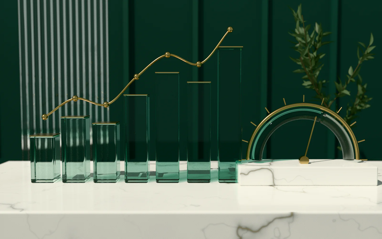 Green glass bars of rising height with a gold trend line and a gold score gauge